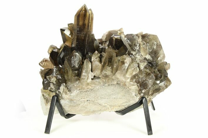 Dark Smoky Quartz Crystal Cluster on Metal Stand - Brazil #274477